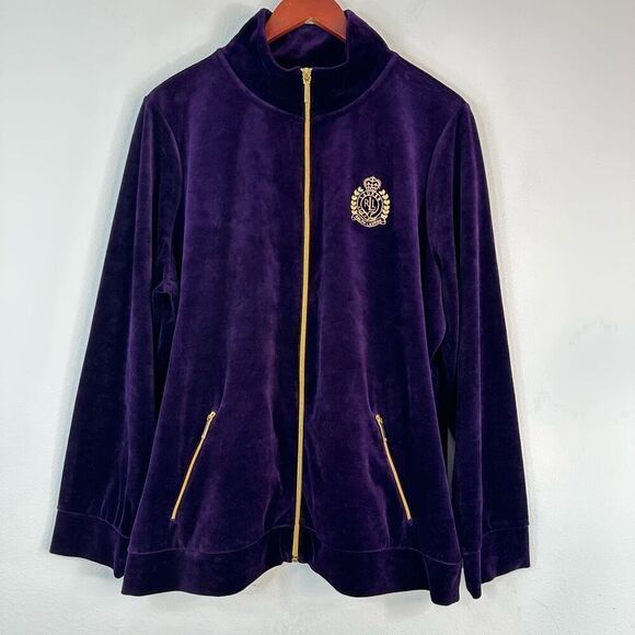 Vintage Lauren Ralph Lauren Purple Velour Zip Jacket w Crest Logo Women’s 3X - Picture 1 of 9